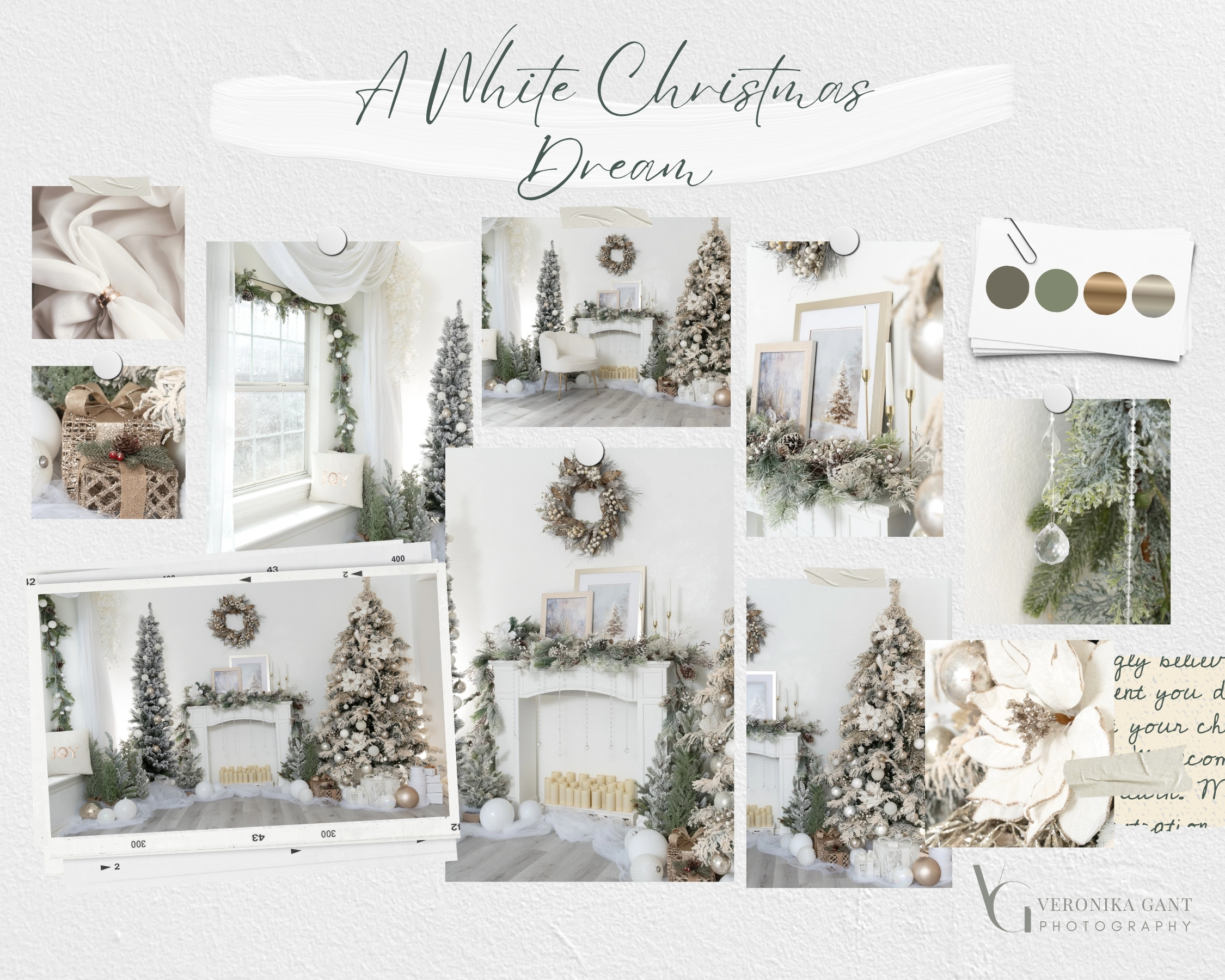 Collage of Veronika Gant Photography’s elegant frosted white and gold Christmas studio setup in San Antonio, Texas, featuring decorated trees, a fireplace with garland, and fine-art holiday portraits for Christmas Mini Sessions 2025.
