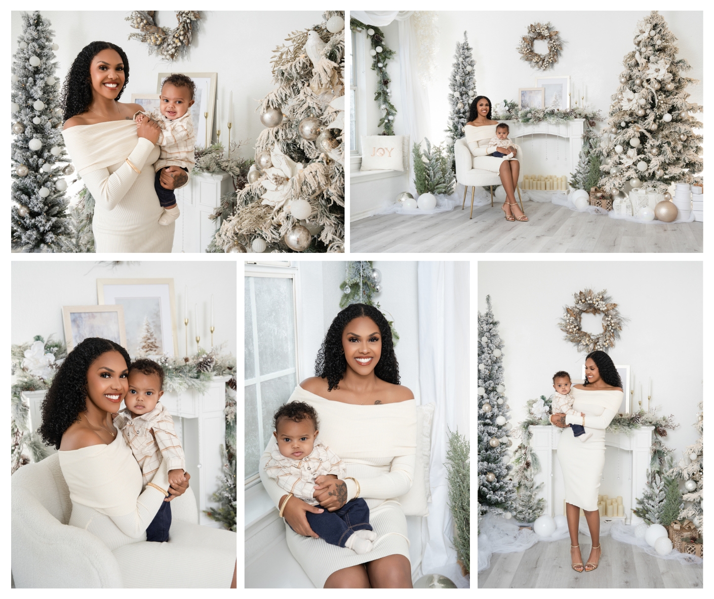 Mother and baby posing in Veronika Gant Photography’s elegant frosted white and gold Christmas studio setup in San Antonio, Texas, for Christmas Mini Sessions 2025.